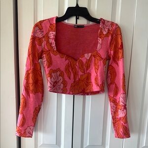 Zara Pink Orange Floral Fitted Crop Sweater